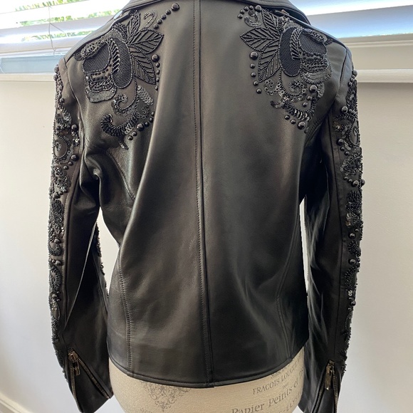 Nour Hammour Sophia Zip-Front Leather Jacket w/ Studded Embroidered Sleeves - Picture 9 of 14